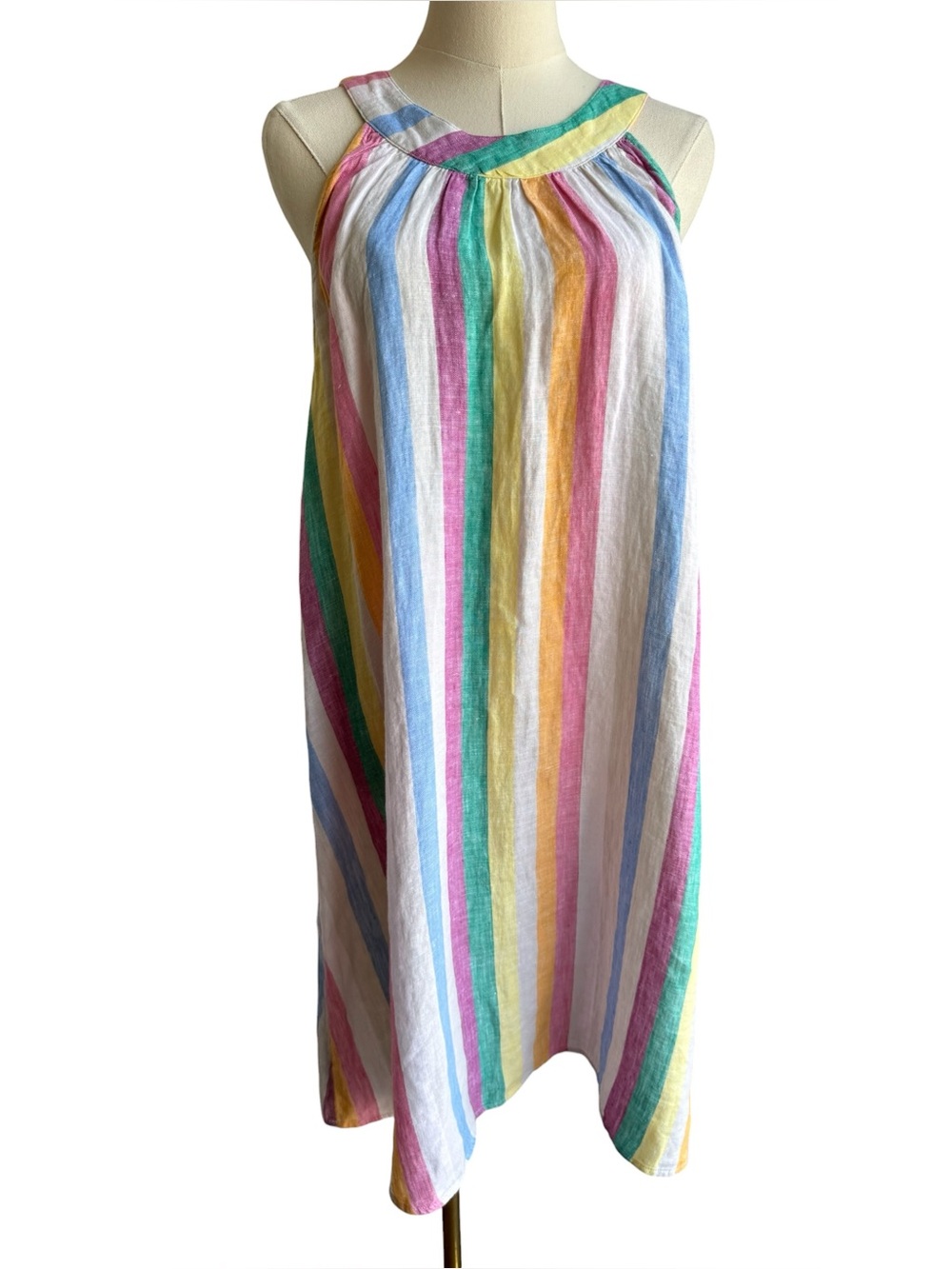 Breezy Rainbow Stripe 100% Linen Dress Sz XL Relaxed Fit Colourful Beachy Summer